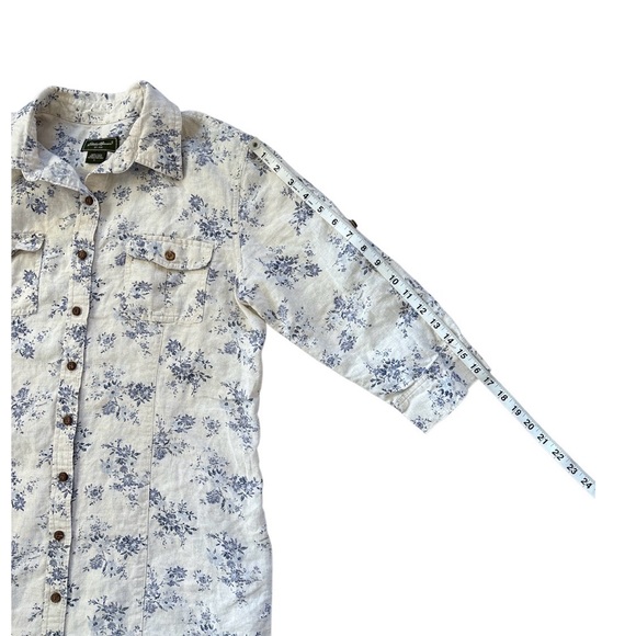 Eddie Bauer Prarie Linen Floral Shirt Dress Cream & Blue 3/4 Sleeve Large - Picture 10 of 10
